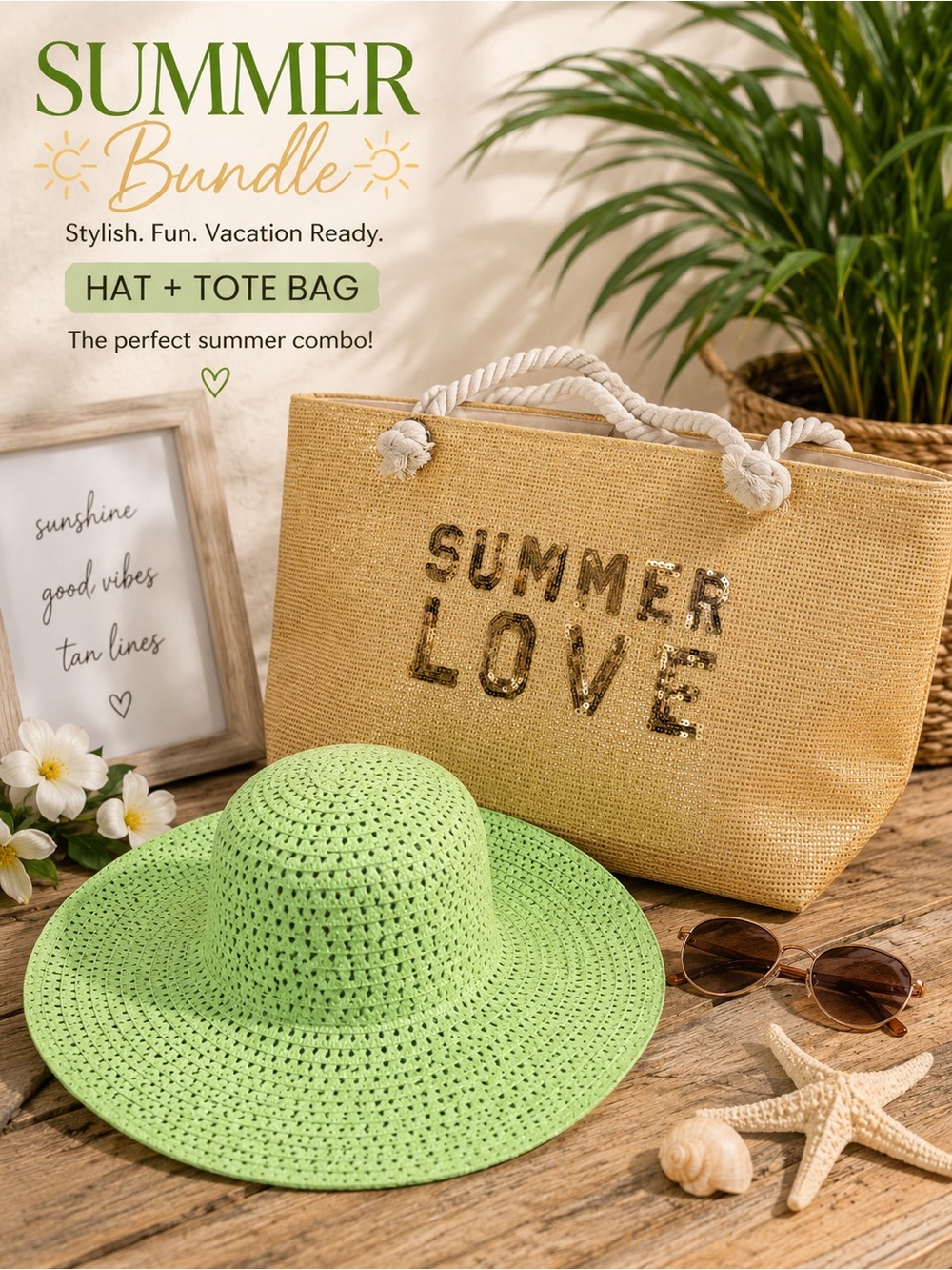 Summer Love Straw Tote & Lime Green  Sun Hat